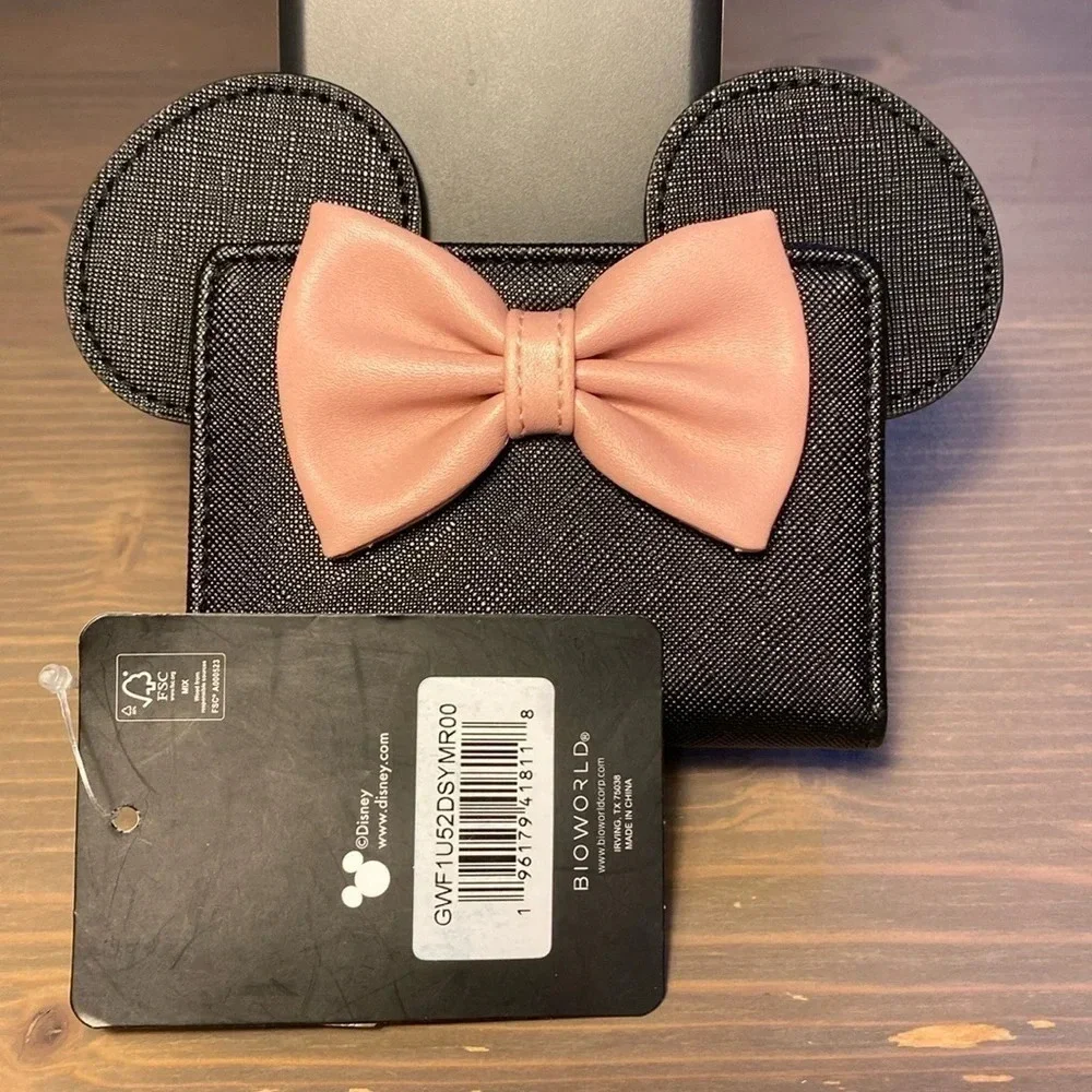 Disney Bioworld Minnie Mouse Card Holder Wallet Faux Leather Black Pink NWT